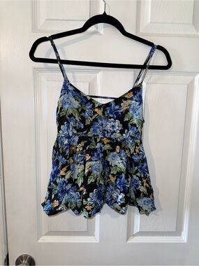 Forever 21 Blue Floral Spaghetti Strap Peplum Babydoll Tank Top size small